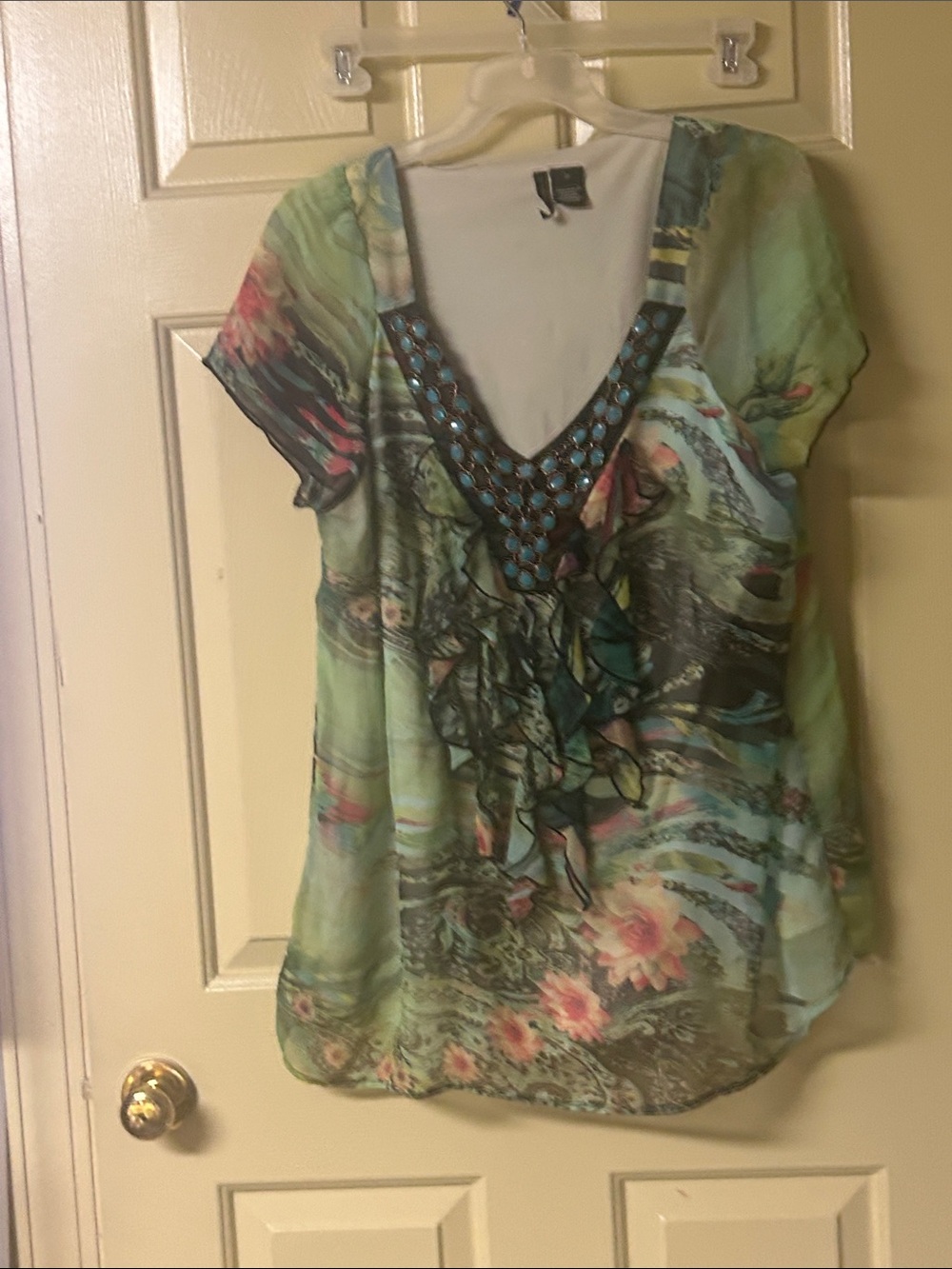 new directions Green Floral V-Neck Ruffle Blouse with Beaded Trim